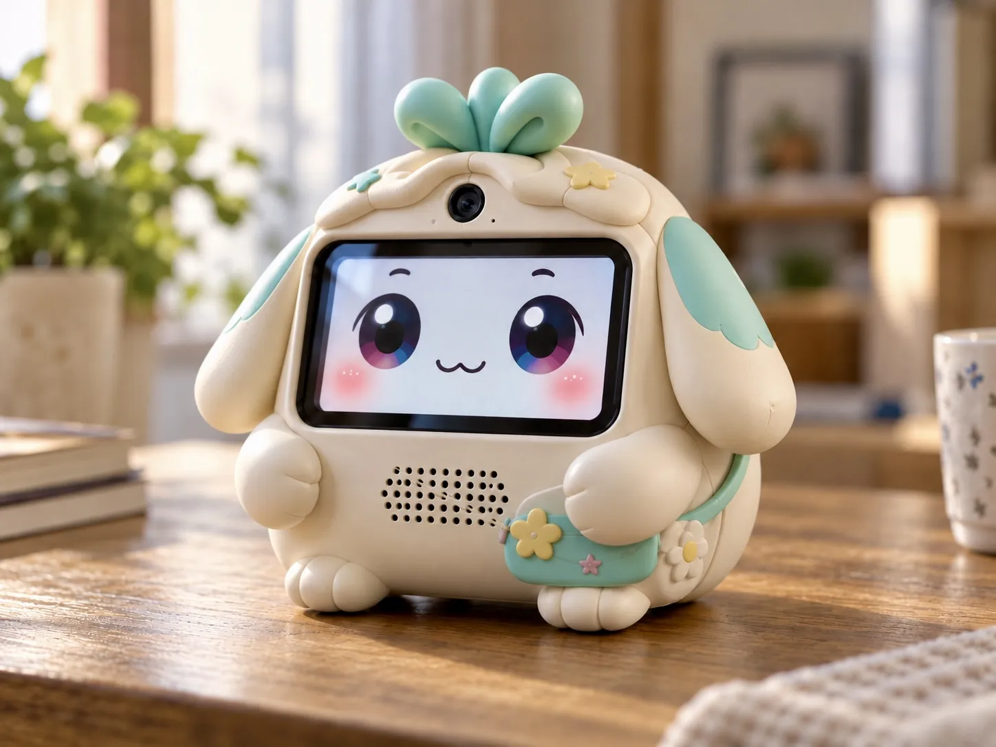 Edie, a cream-colored AI companion with mint leaves on her head, floppy ears, and a screen face with big eyes, sitting on a wooden table.